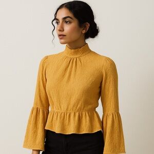 Crimson high neck, peplum, bell sleeved blouse in dark mustard. Size L AR18